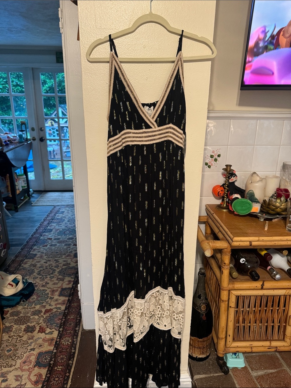 *NWT* ZURY Black/Gold Lace-Trim Maxi Dress with Ivory Accents One Size